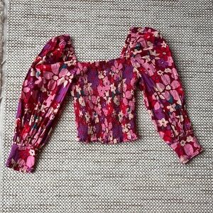 Free People Pink and Red Ruffled Puff Sleeve Blouse